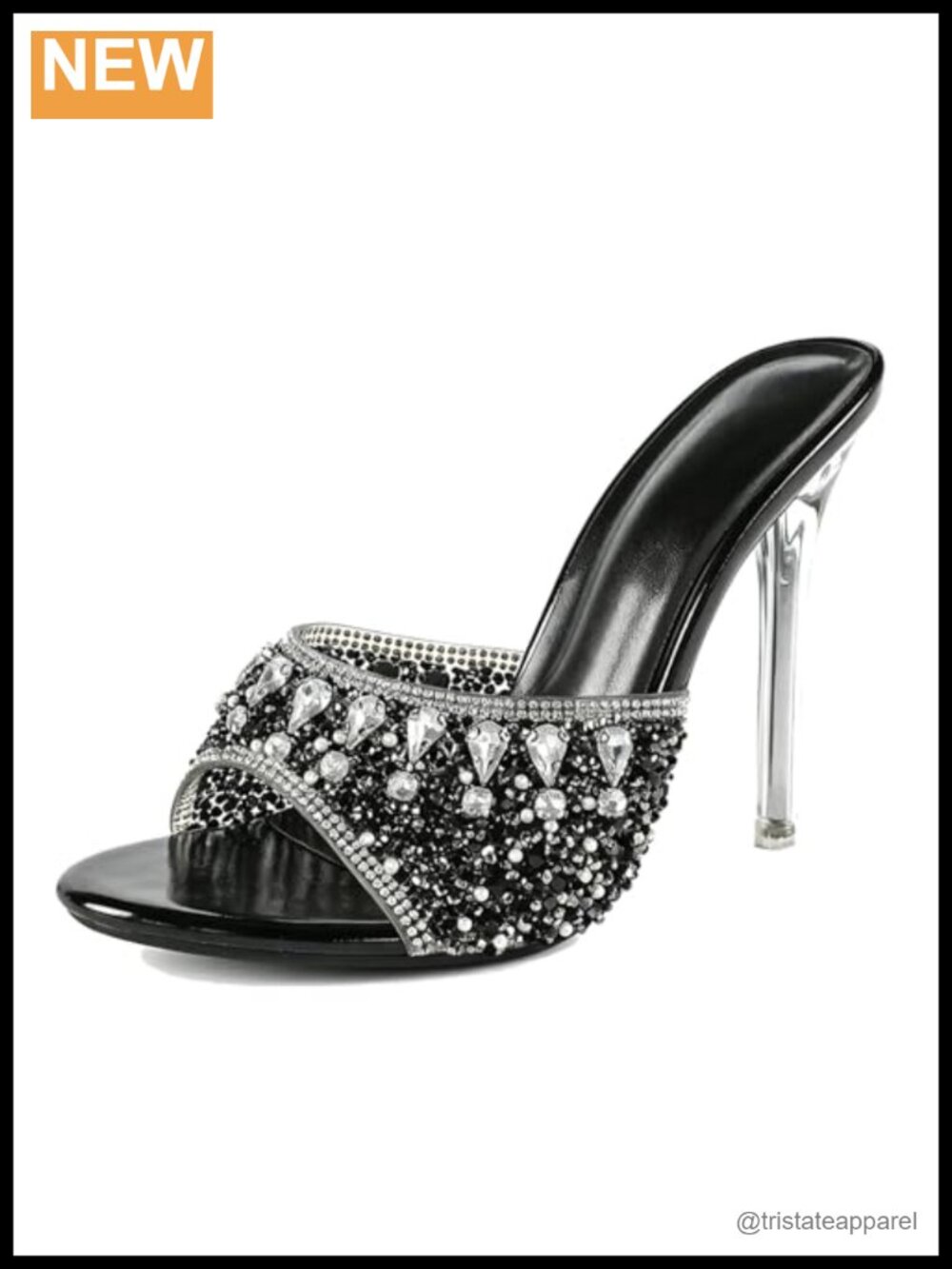 Rhinestone Crystal Embellished Clear Stiletto Heeled Mules, Open Toe Slide